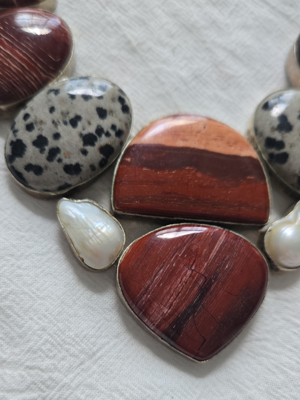 Red Jasper & Dalmatian Stone Statement Necklace with Pearl Accents - Picture 7 of 8